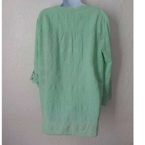 JM Collection Women XL Light Green Tunic Button Up Top Blouse 100% Cotton V-Neck - Picture 2 of 12